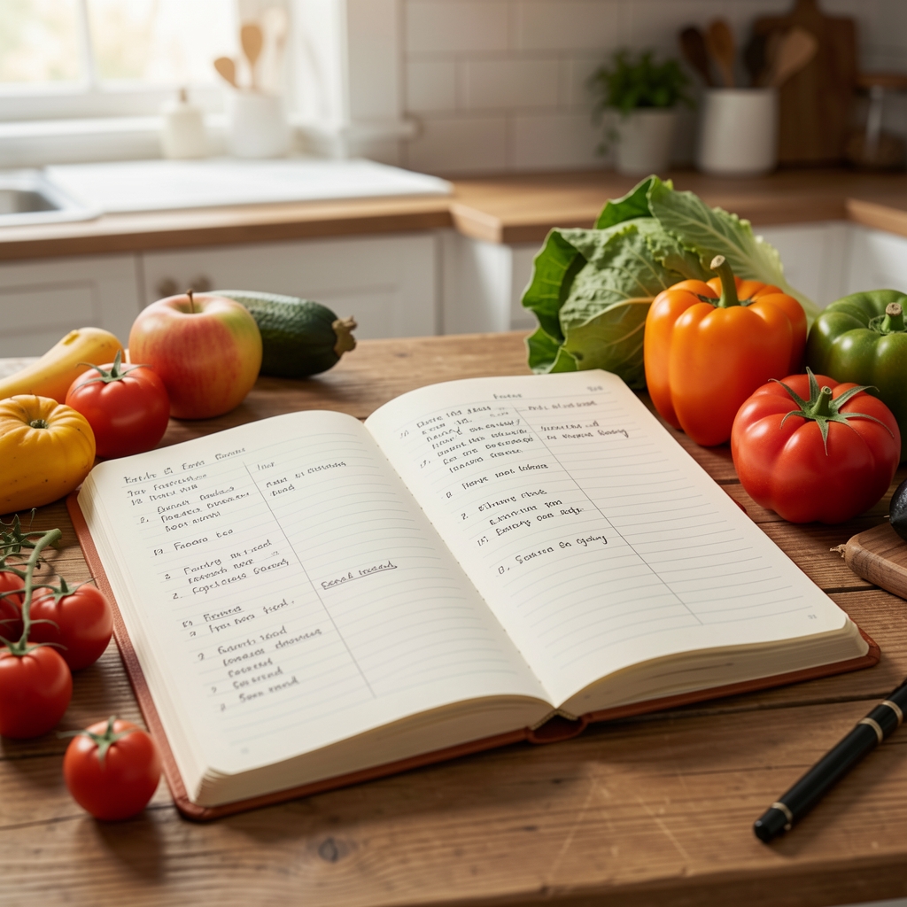 Open notebook on a kitchen table with handwritten food records and seasonal vegetables placed alongside, soft natural light