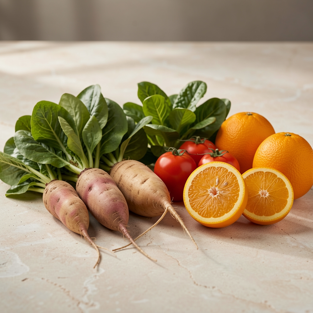 Seasonal vegetables arranged on a pale stone surface — root vegetables, leafy greens and citrus, editorial composition